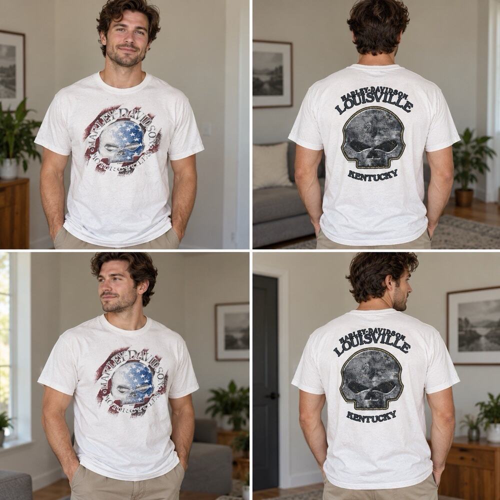 Harley-Davidson Louisville Kentucky Men’s Large White Flag Skull T-Shirt